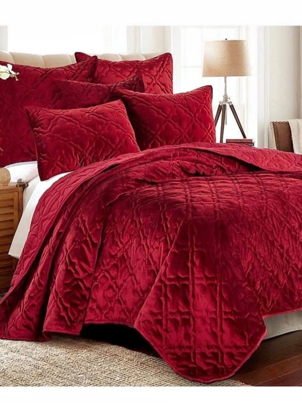 Red Velvet Quilted Bedding Set Like New